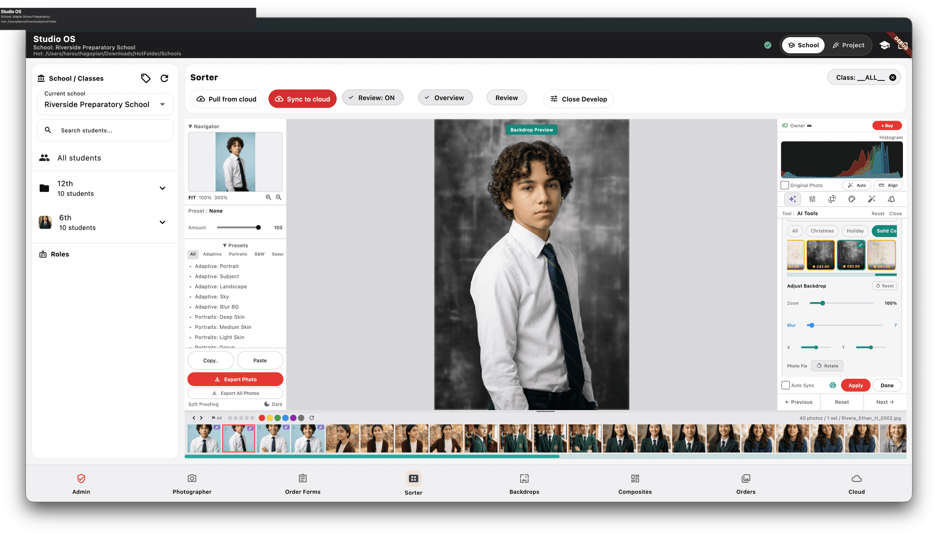 Studio OS backdrop preview showing a portrait with a replacement background applied.