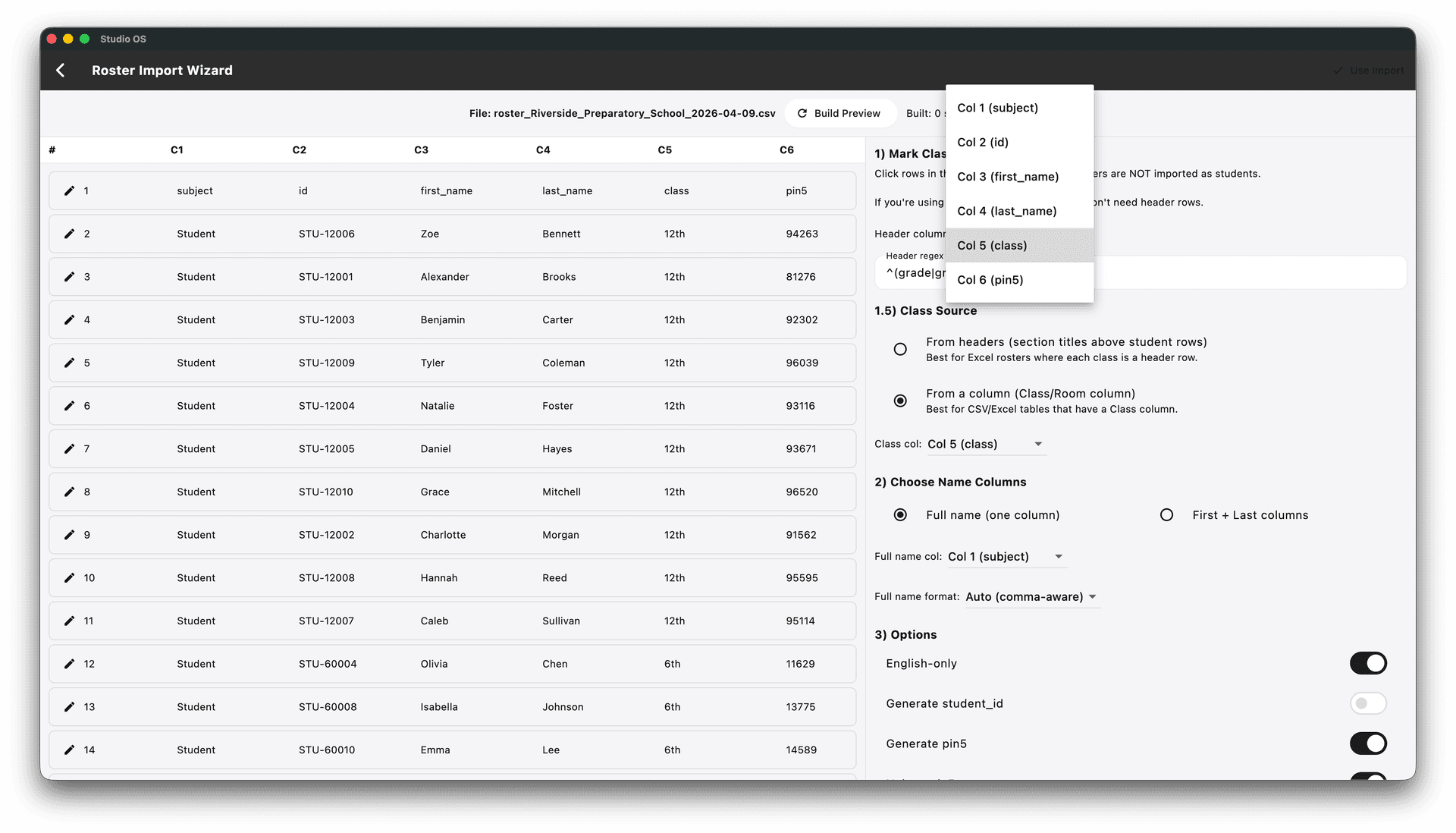 Studio OS roster import wizard showing spreadsheet column mapping and roster setup tools.
