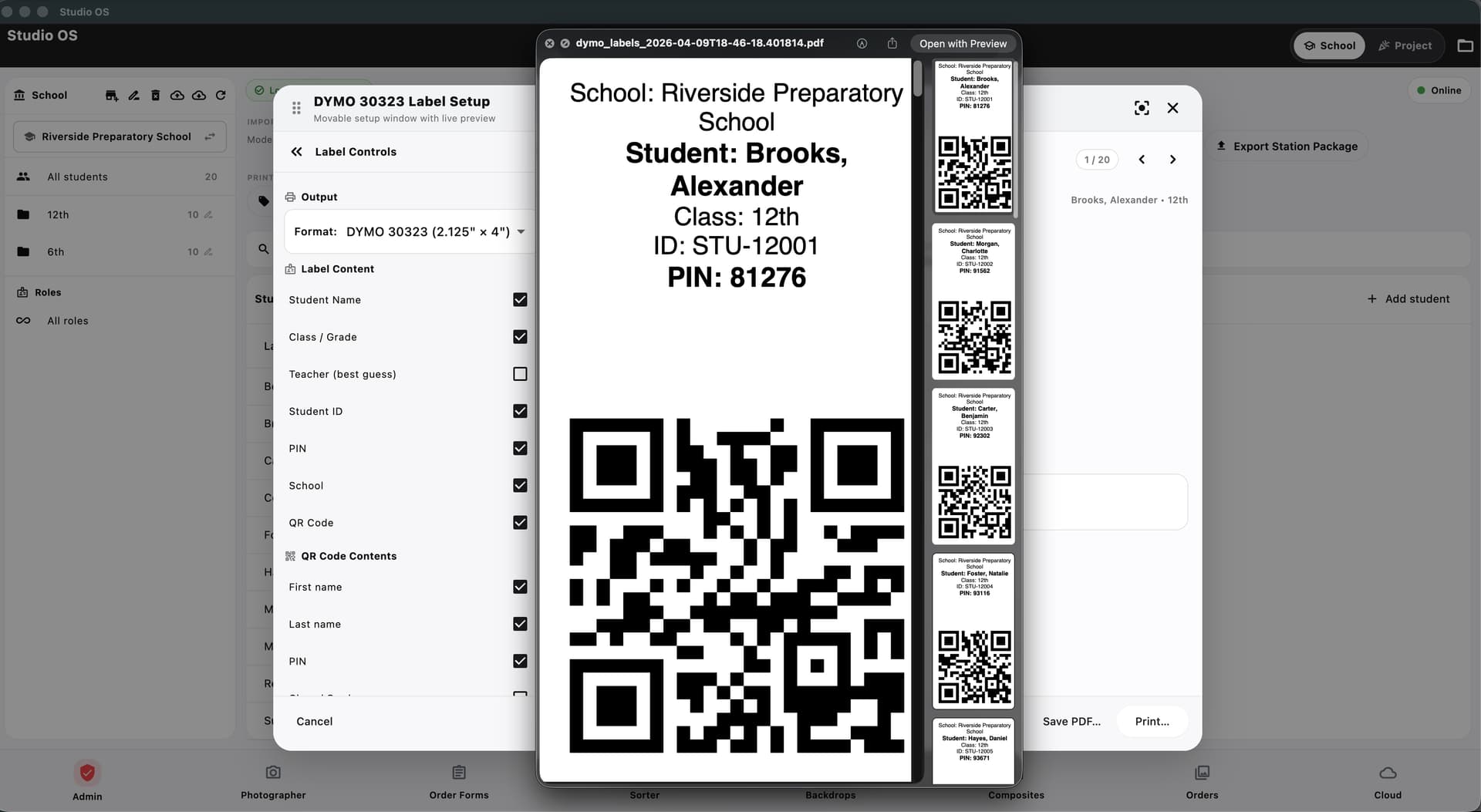 Studio OS DYMO labels screen with a live QR label preview and student roster details.