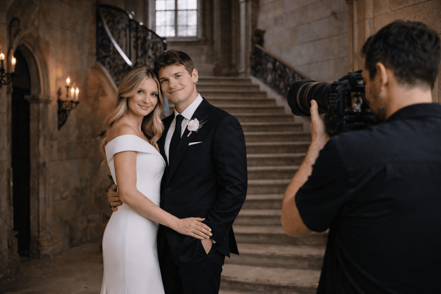 Wedding portrait session with a photographer capturing the couple for Studio OS use-case imagery.